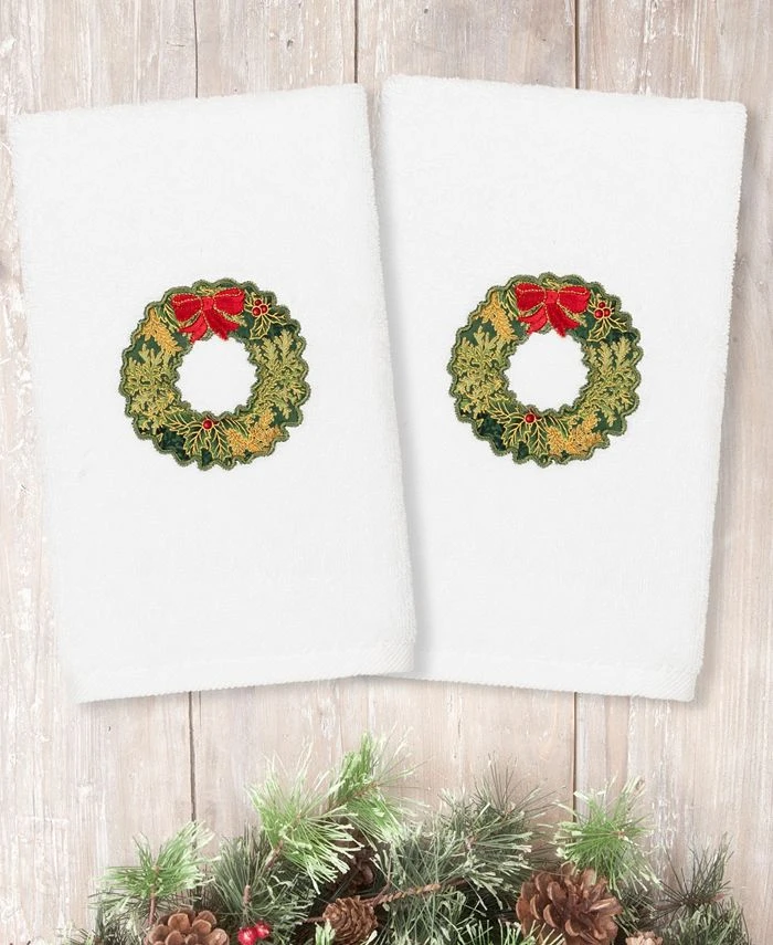 Linum Home Christmas Wreath Embroidered 100% Turkish Cotton Hand Towels 3 Linum Home Christmas Wreath Embroidered 100% Turkish Cotton Hand Towels