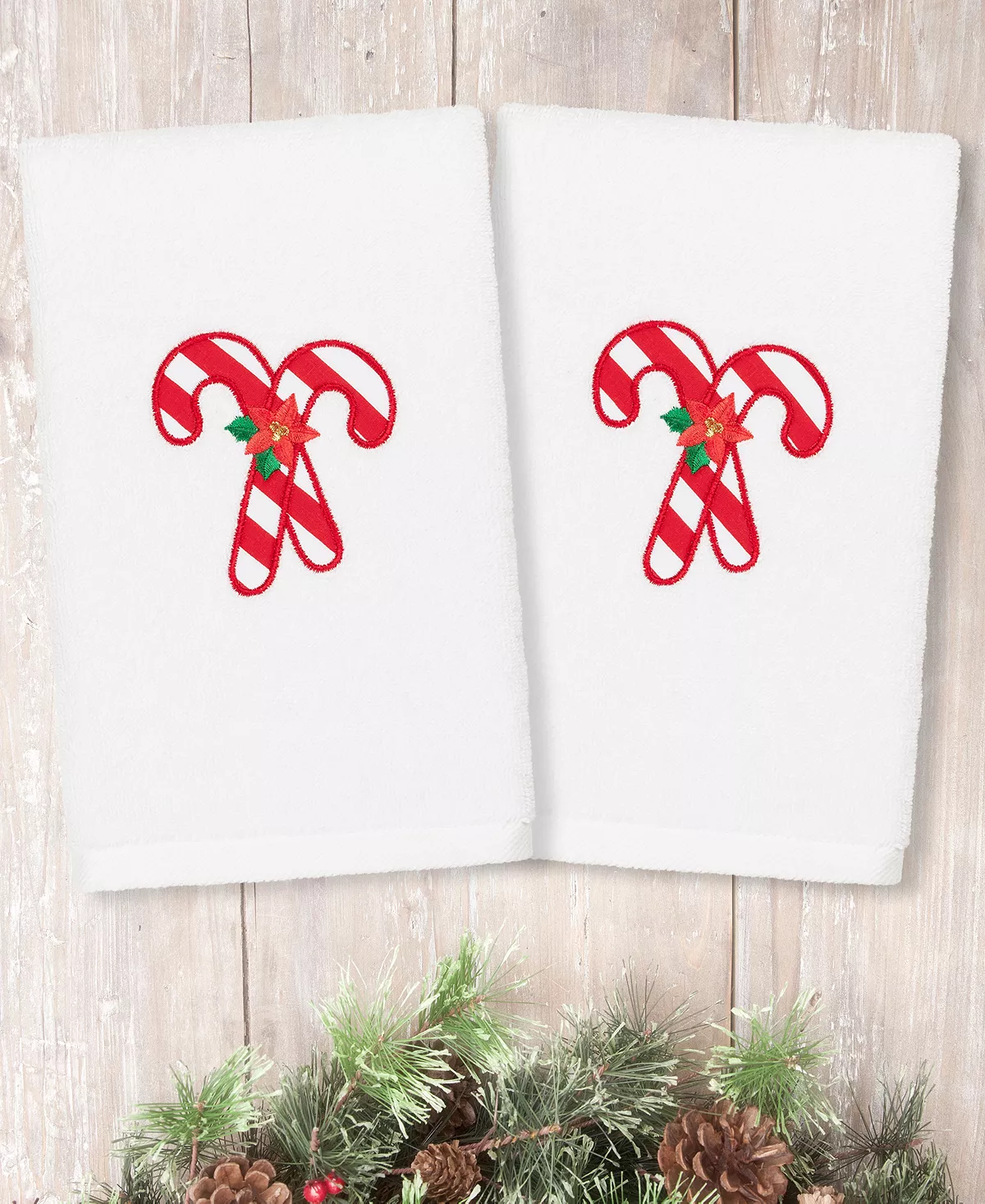 Linum Home Christmas Candy Canes Embroidered 100% Turkish Cotton Hand Towels 3 Linum Home Christmas Candy Canes Embroidered 100% Turkish Cotton Hand Towels