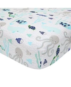 Lambs & Ivy Oceania 100% Cotton Blue/Gray/White Whale With Octopus And Fish Nautical Ocean Theme Fitted Crib Sheet